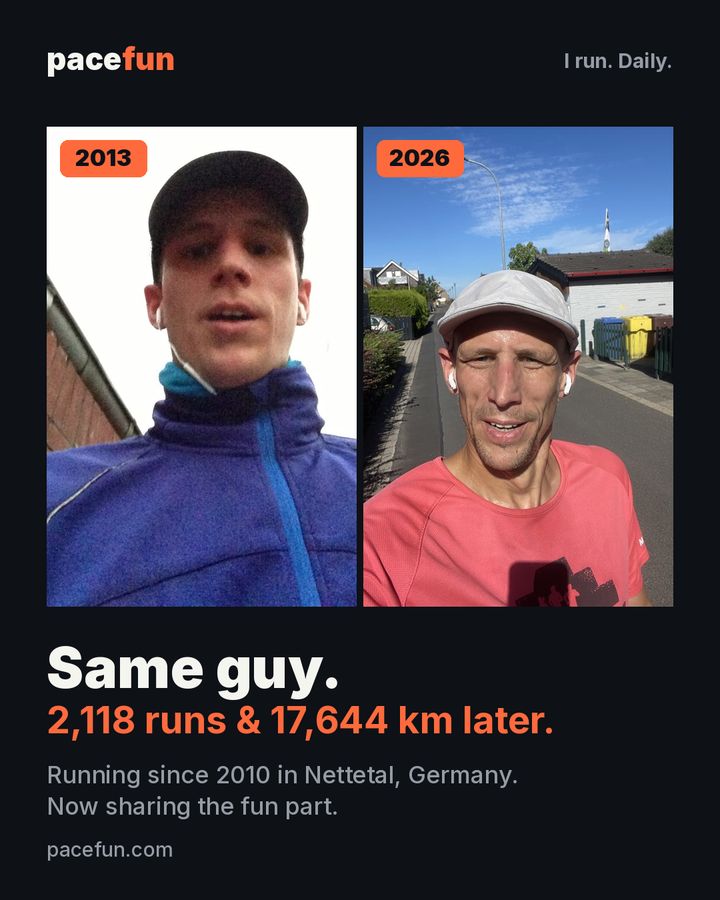 Same guy: 2,118 runs and 17,644 km later – photos from 2013 and 2026